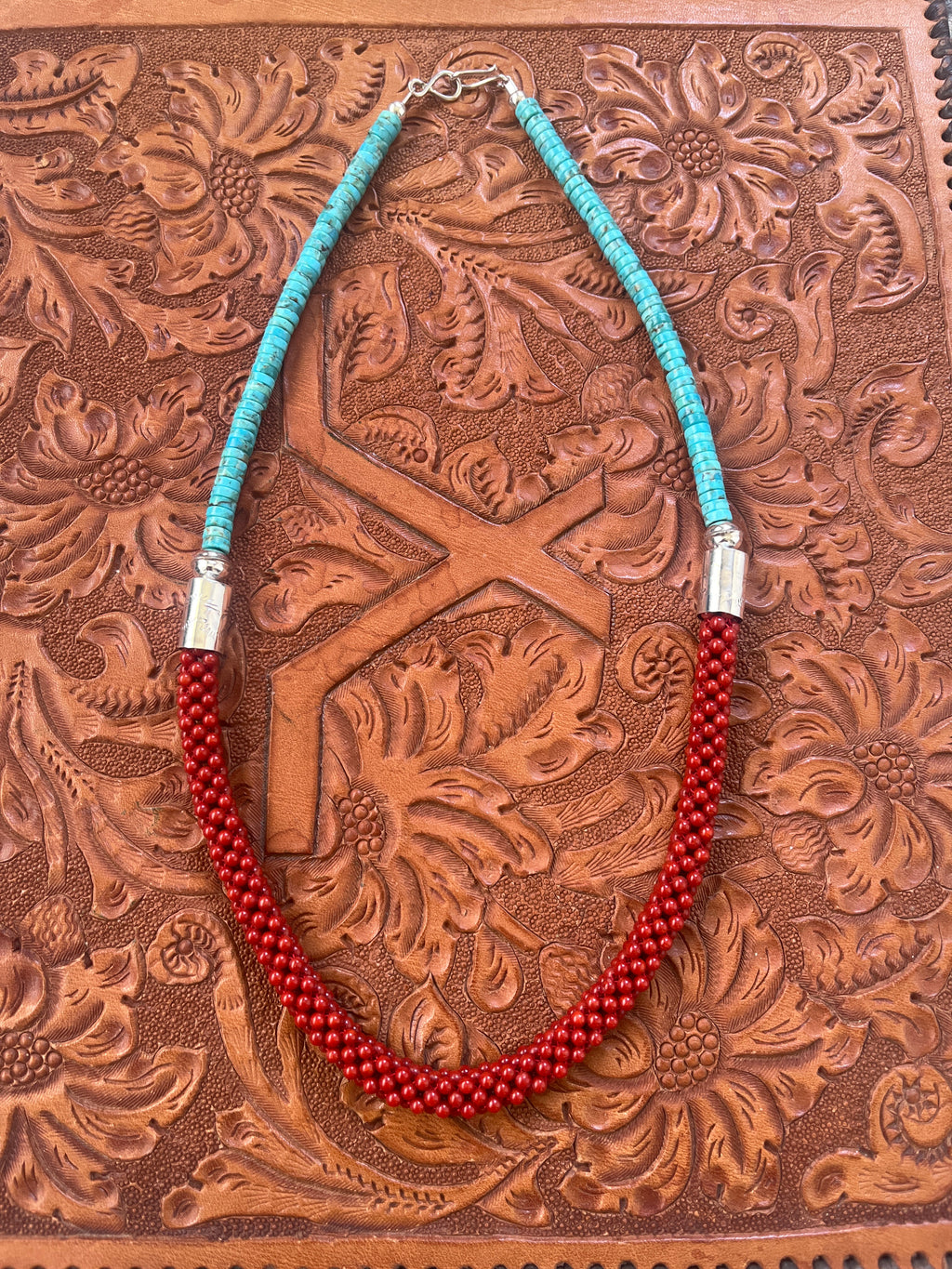Turquoise and Woven Coral Beaded Necklace