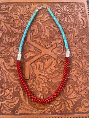 Turquoise and Woven Coral Beaded Necklace