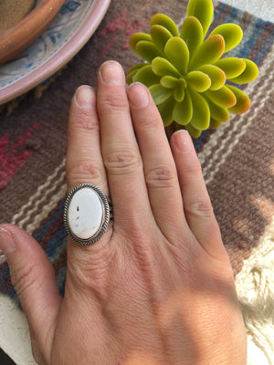 White Buffalo with Thick Silver Band Ring