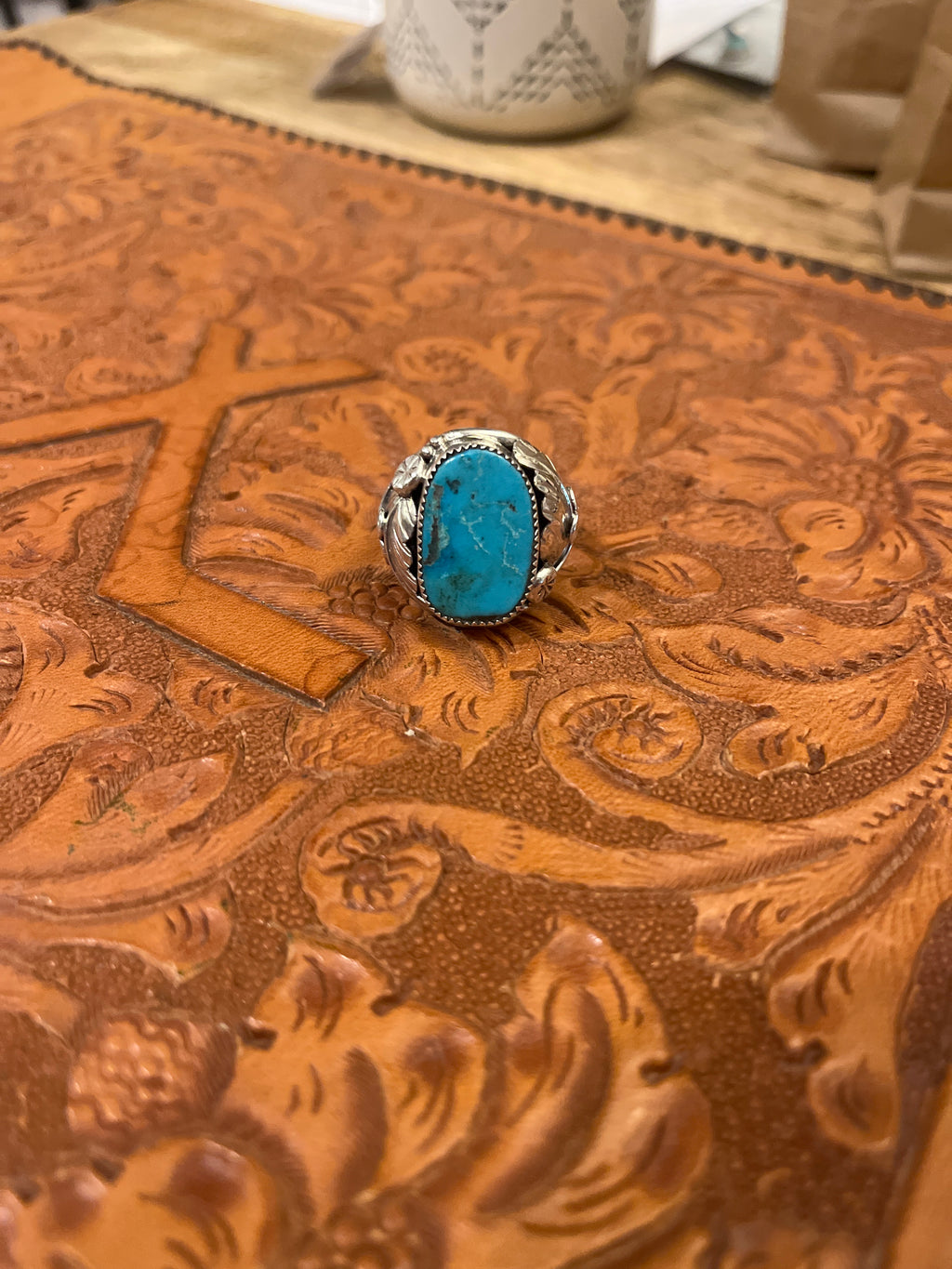 Large Man’s Turquoise Ring with Leaf Detail