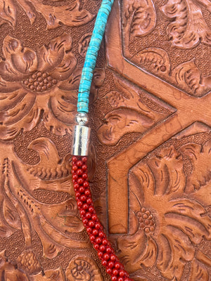 Turquoise and Woven Coral Beaded Necklace