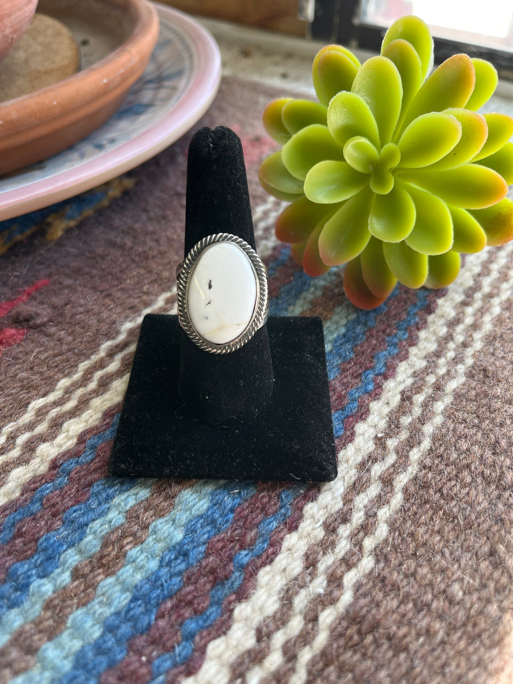 White Buffalo with Thick Silver Band Ring