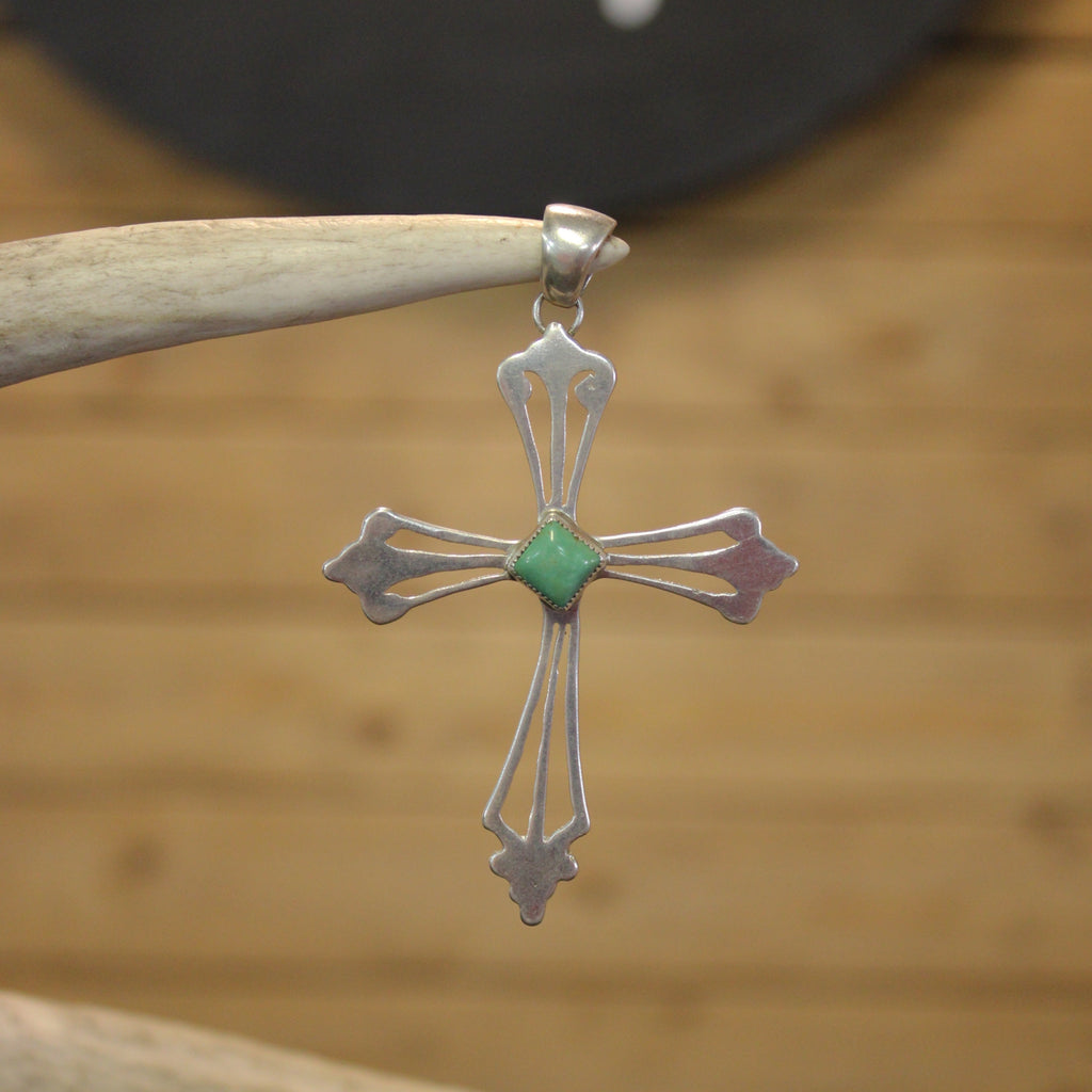 Silver Cross with Green Diamond Turquoise Stone