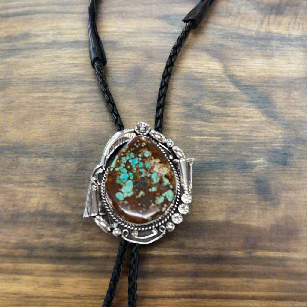 Large Turquoise Bolo with Ornate Silver Setting