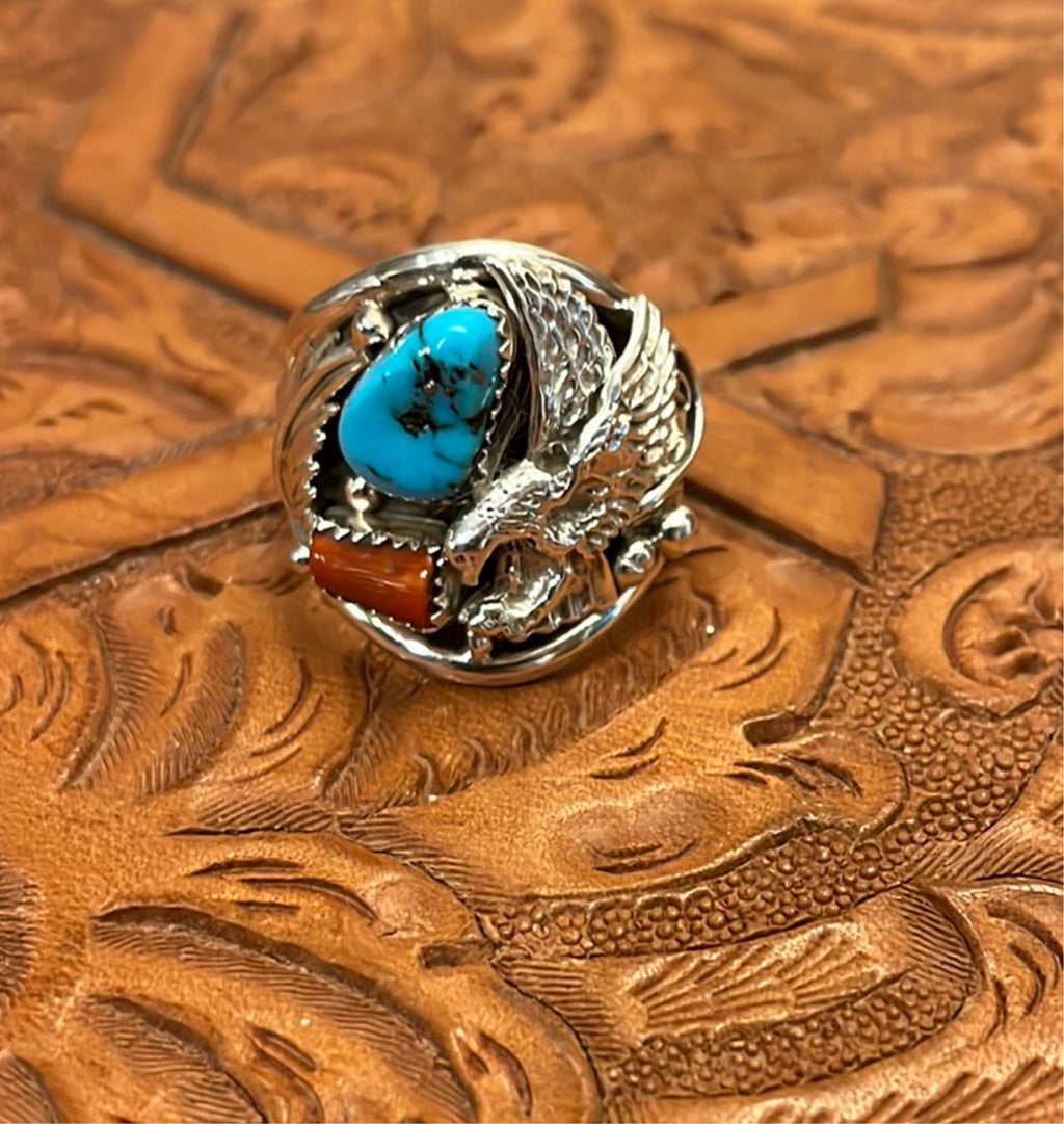 Men's Eagle Turquoise & Coral Ring