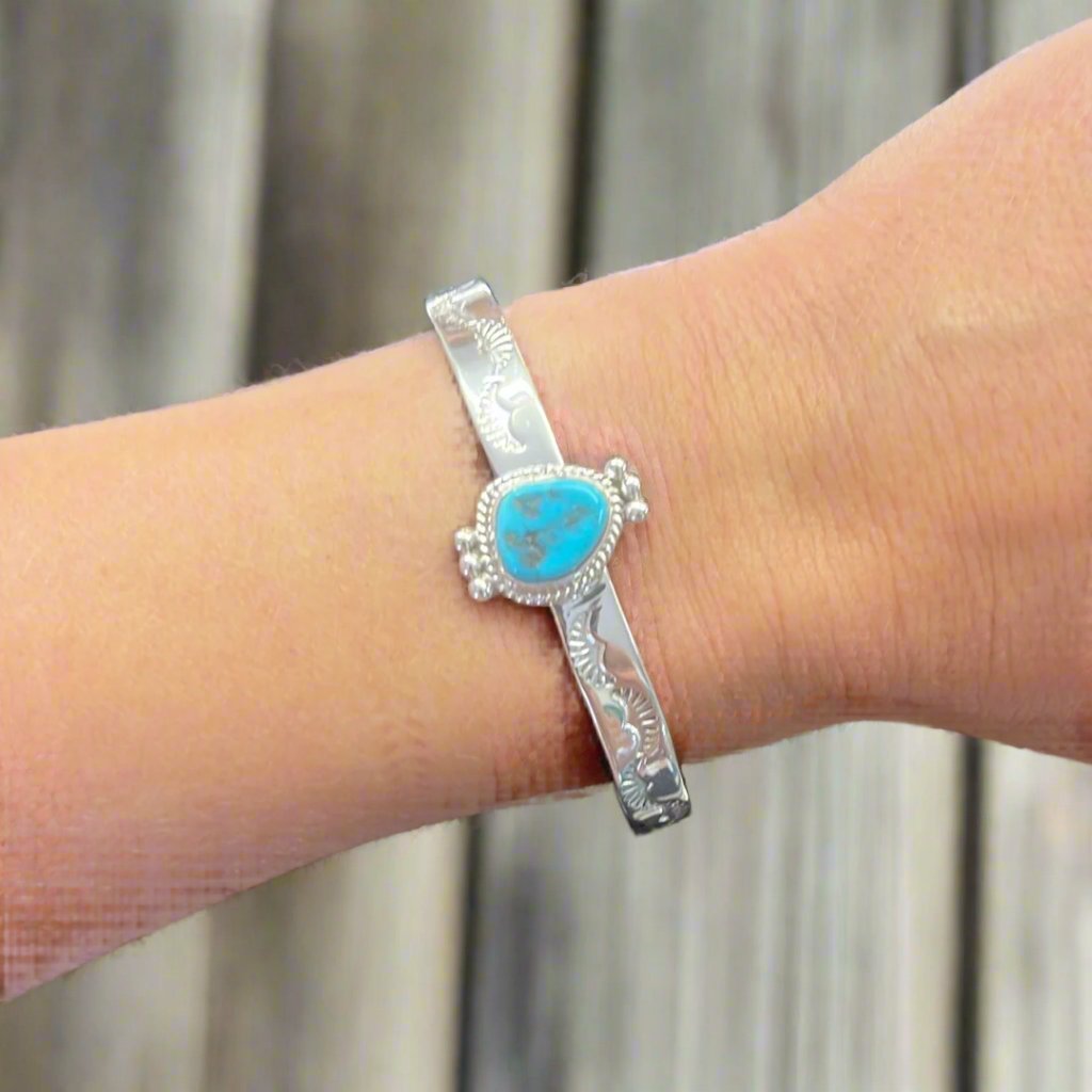 Stamped Silver and Turquoise Cuff