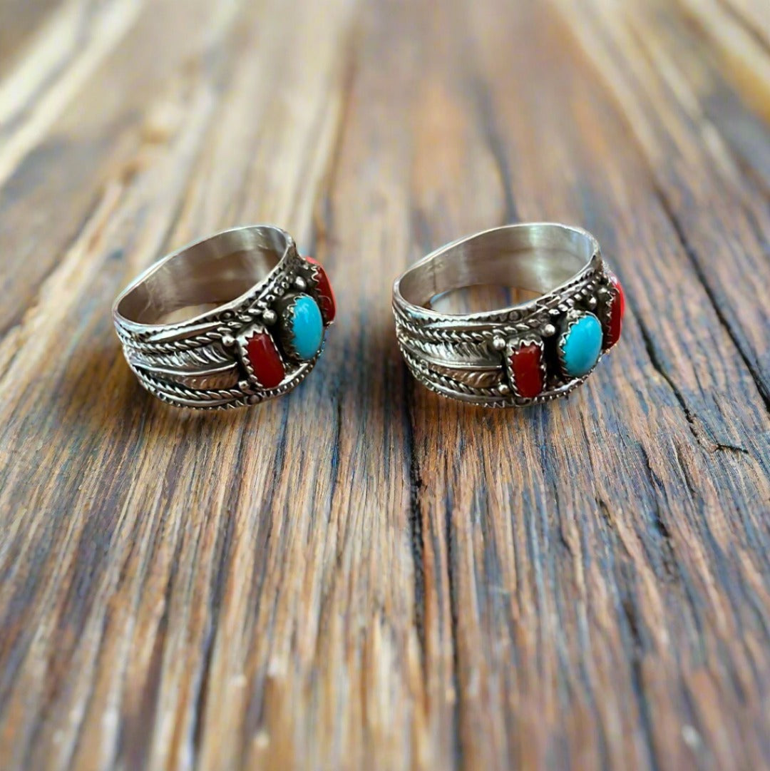 Traditional Men’s Coral and Turquoise Ring