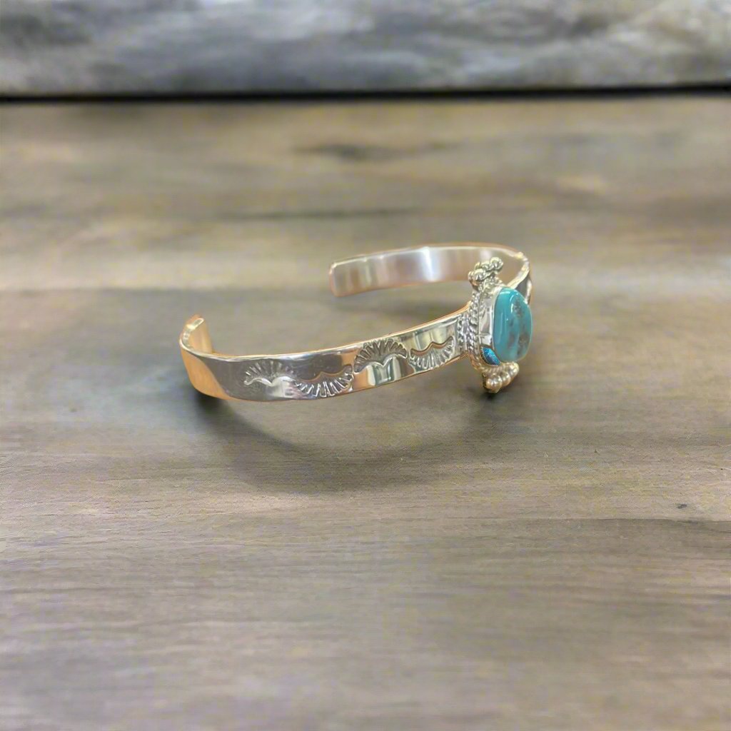 Stamped Silver and Turquoise Cuff