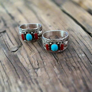 Traditional Men’s Coral and Turquoise Ring