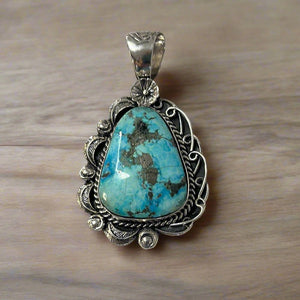 Large Nevada Turquoise Pendant with Ornate Silver Setting